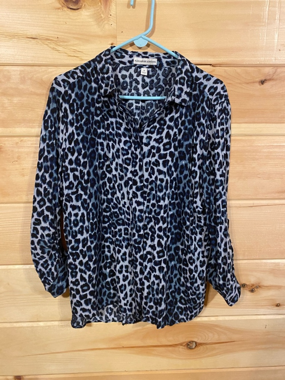 $11-1x-Alexander Jordan Blue/gray/black Leopard Print Button-Up Blouse